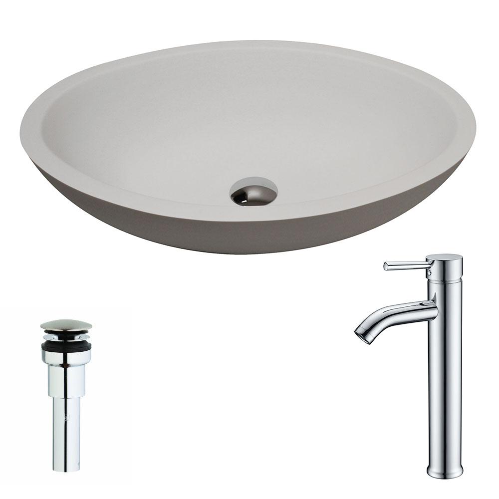 Maine 1-Piece Man Made Stone Vessel Sink in Matte White with Fann Faucet in Chrome - Luxe Bathroom Vanities
