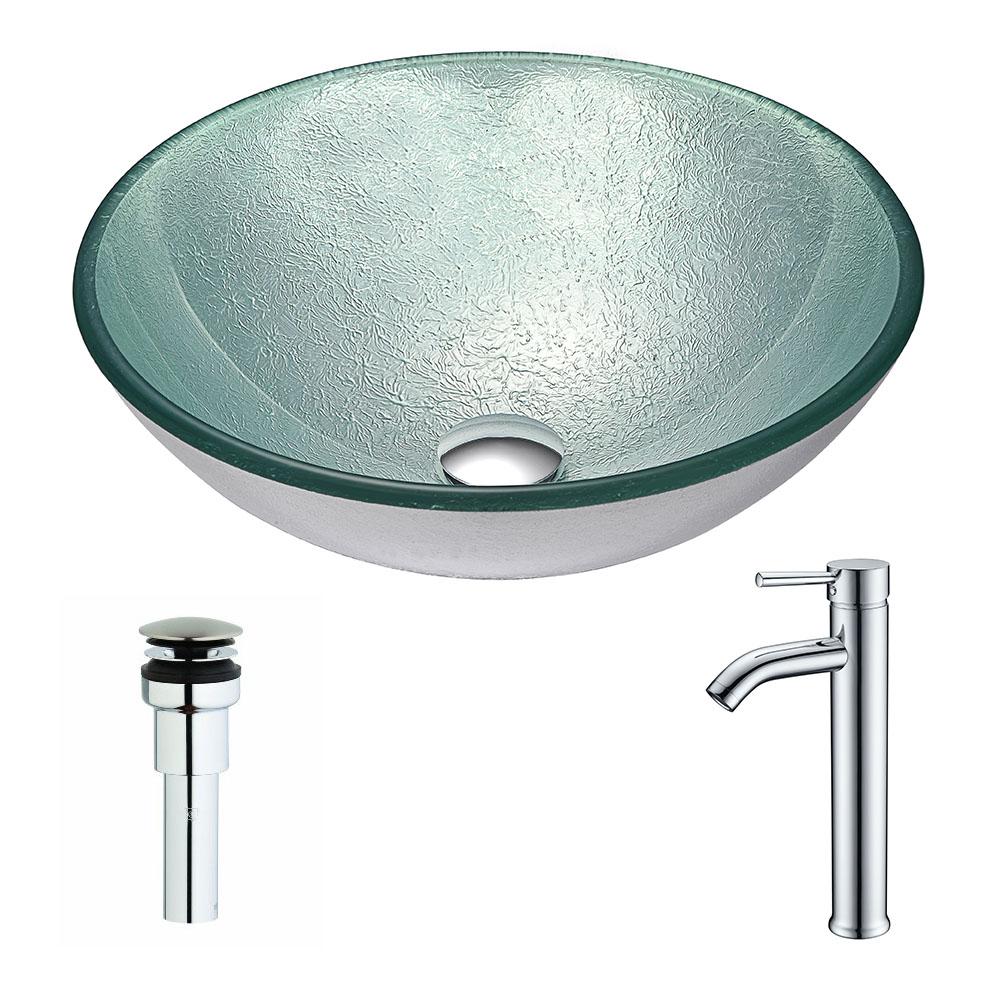 Spirito Series Deco-Glass Vessel Sink in Churning Silver with Fann Faucet in Brushed Nickel - Luxe Bathroom Vanities