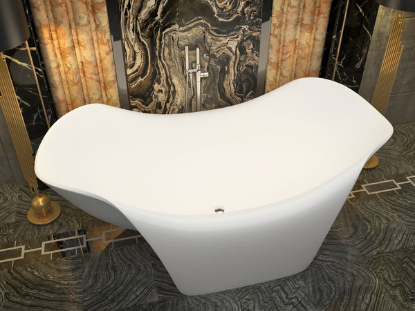 Cielo 6.5 ft. Man-Made Stone Center Drain Freestanding Bathtub in Matte White - Luxe Bathroom Vanities Luxury Bathroom Fixtures Bathroom Furniture