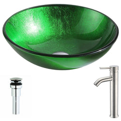 Melody Series Deco-Glass Vessel Sink in Lustrous Green with Fann Faucet in Brushed Nickel - Luxe Bathroom Vanities