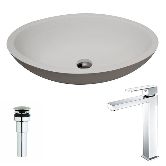 Maine Series 1-Piece Man Made Stone Vessel Sink in Matte White with Enti Faucet in Polished Chrome - Luxe Bathroom Vanities