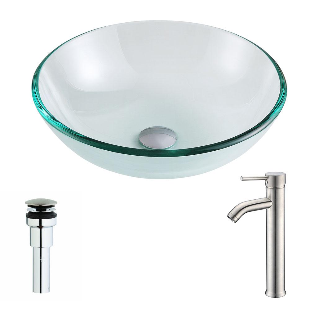 Etude Series Deco-Glass Vessel Sink in Lustrous Clear with Fann Faucet in Brushed Nickel - Luxe Bathroom Vanities