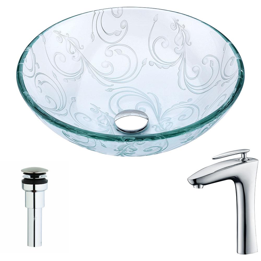 Vieno Series Deco-Glass Vessel Sink in Crystal Clear Floral with Crown Faucet in Chrome - Luxe Bathroom Vanities