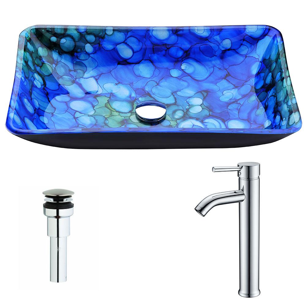 Voce Series Deco-Glass Vessel Sink in Lustrous Blue with Fann Faucet in Chrome - Luxe Bathroom Vanities