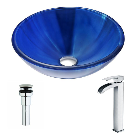 Meno Series Deco-Glass Vessel Sink in Lustrous Blue with Key Faucet - Luxe Bathroom Vanities