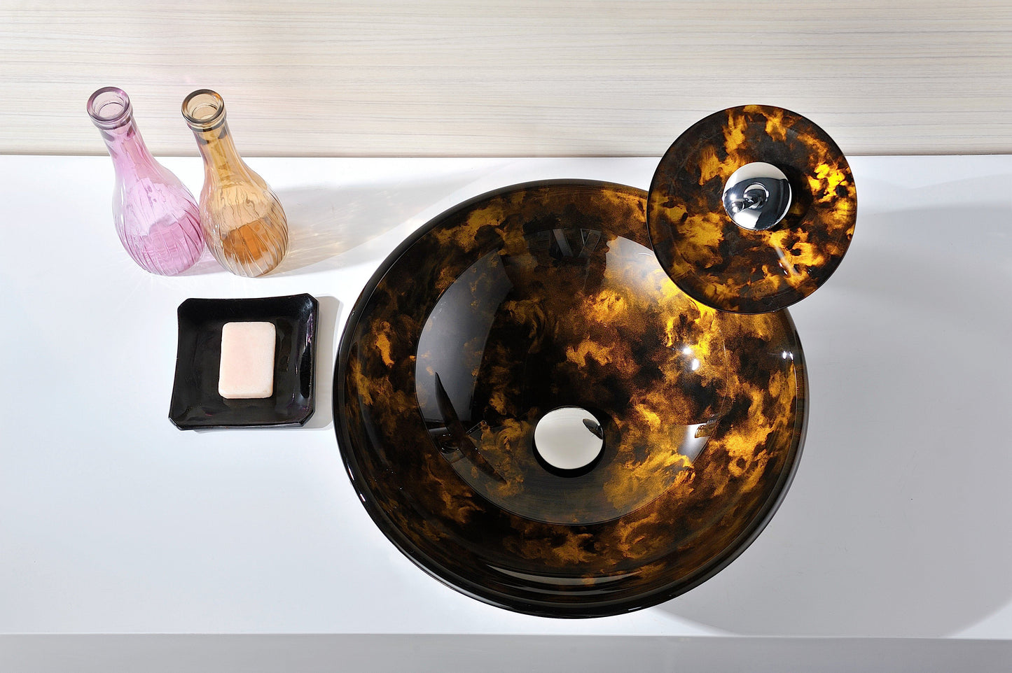 Timbre Series Deco-Glass Vessel Sink in Kindled Amber with Matching Chrome Waterfall Faucet - Luxe Bathroom Vanities
