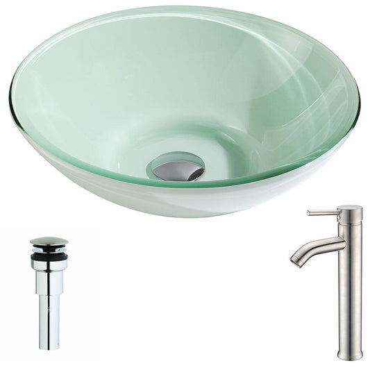 Sonata Series Deco-Glass Vessel Sink in Lustrous Light Green with Fann Faucet in Brushed Nickel - Luxe Bathroom Vanities