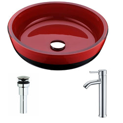 Schnell Series Deco-Glass Vessel Sink in Lustrous Red and Black with Fann Faucet in Chrome - Luxe Bathroom Vanities