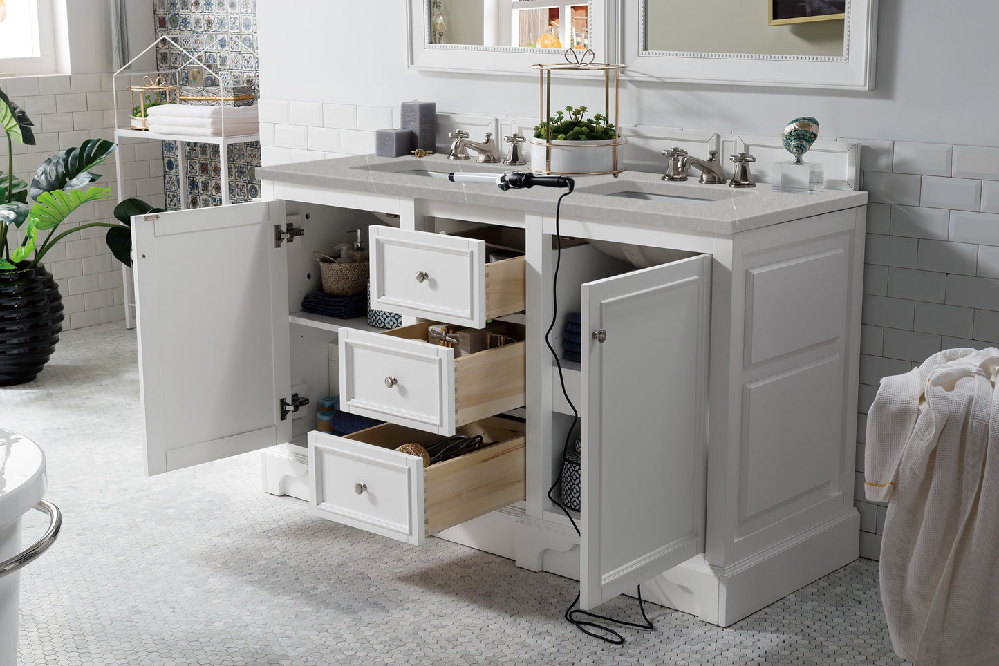 James Martin De Soto 60" Bright White Double Vanity with 3 CM Countertop - Luxe Bathroom Vanities