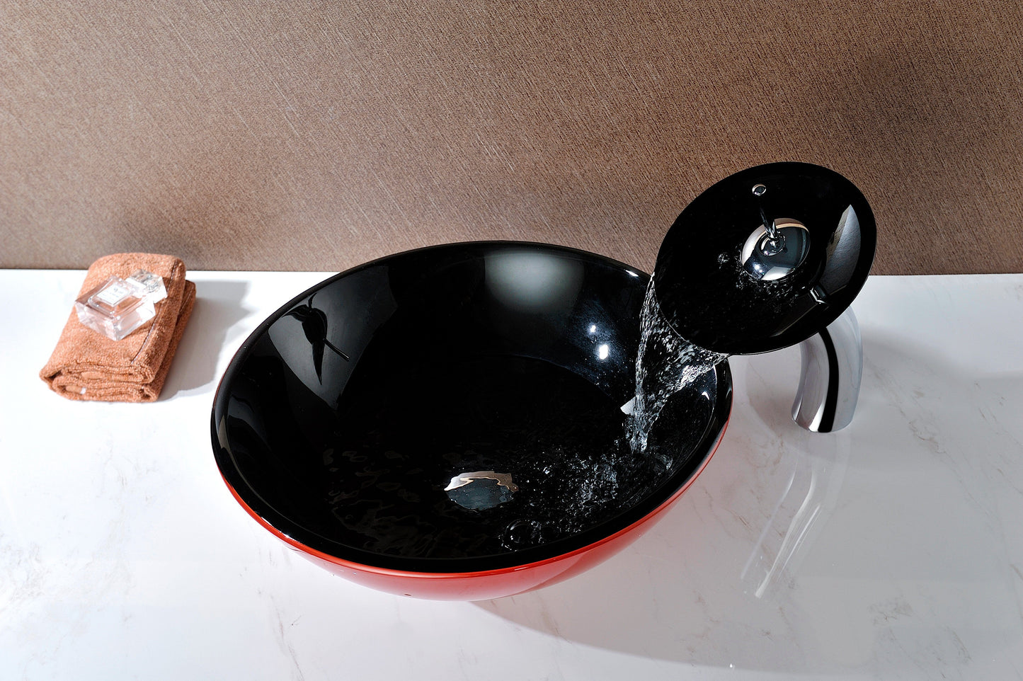 Chord Series Deco-Glass Vessel Sink in Lustrous Black and Red with Matching Chrome Waterfall Faucet - Luxe Bathroom Vanities