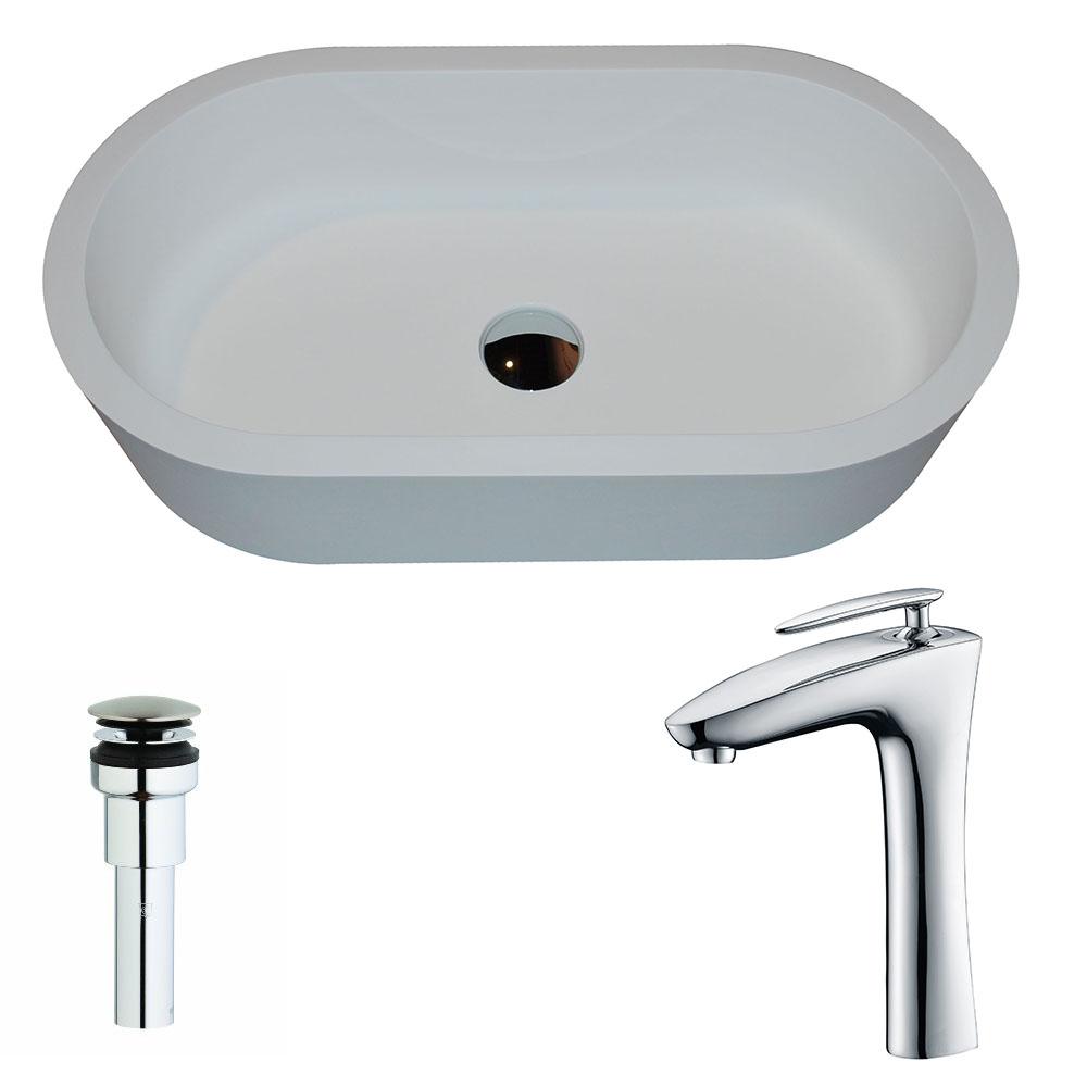 Vaine 1-Piece Man Made Stone Vessel Sink in Matte White with Crown Faucet in Chrome - Luxe Bathroom Vanities