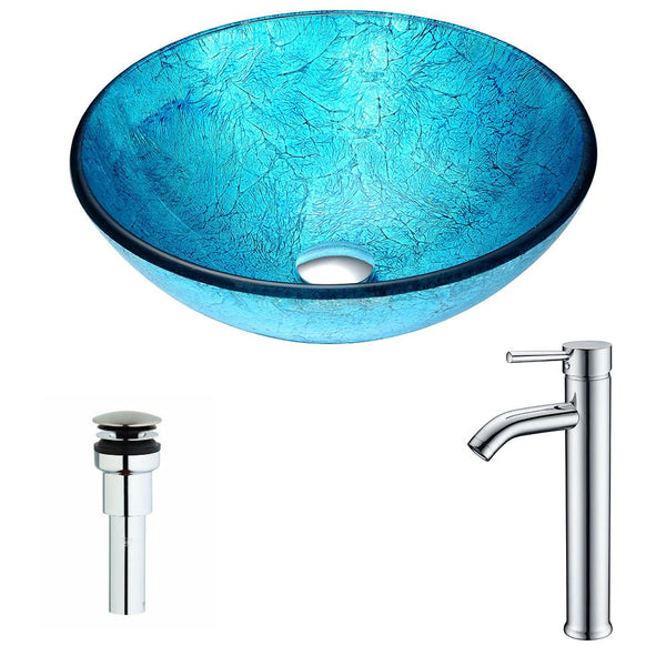 Accent Series Deco-Glass Vessel Sink in Blue Ice with Fann Faucet in Chrome - Luxe Bathroom Vanities