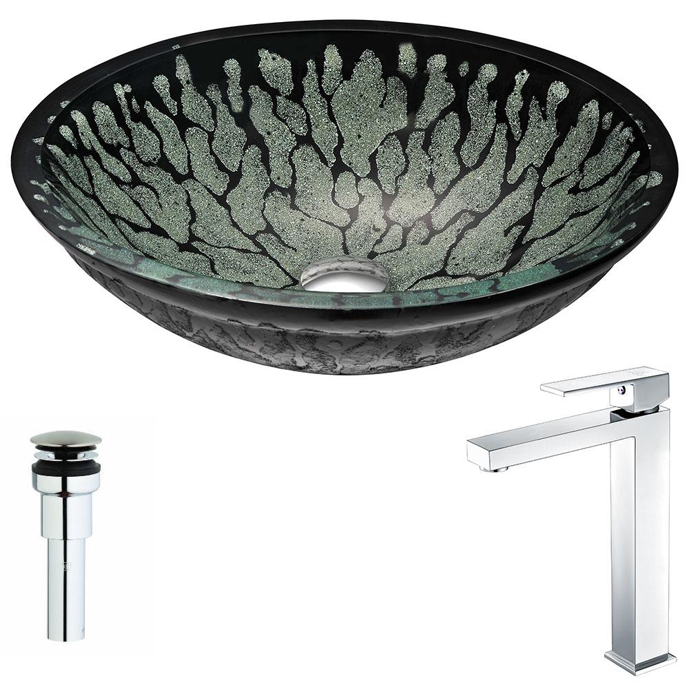 Bravo Series Deco-Glass Vessel Sink in Lustrous Black with Enti Faucet - Luxe Bathroom Vanities