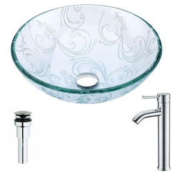 Vieno Series Deco-Glass Vessel Sink in Crystal Clear Floral with Fann Faucet in Chrome - Luxe Bathroom Vanities