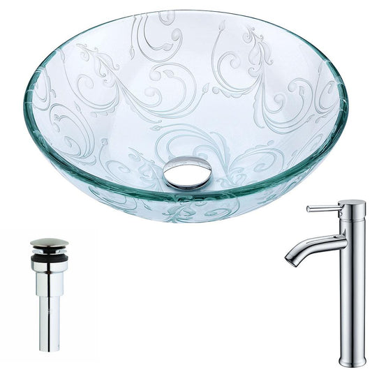 Vieno Series Deco-Glass Vessel Sink in Crystal Clear Floral with Fann Faucet in Chrome - Luxe Bathroom Vanities