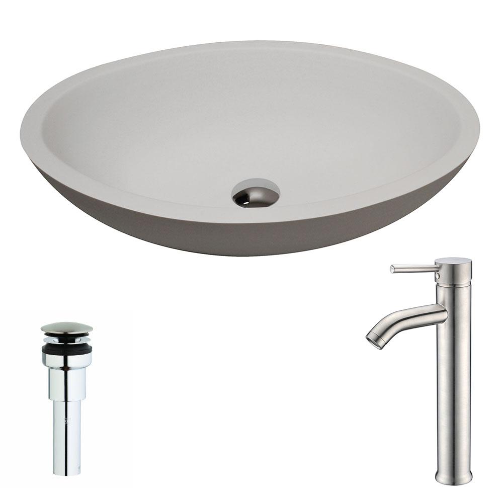 Maine Series 1-Piece Man Made Stone Vessel Sink in Matte White with Fann Faucet in Brushed Nickel - Luxe Bathroom Vanities