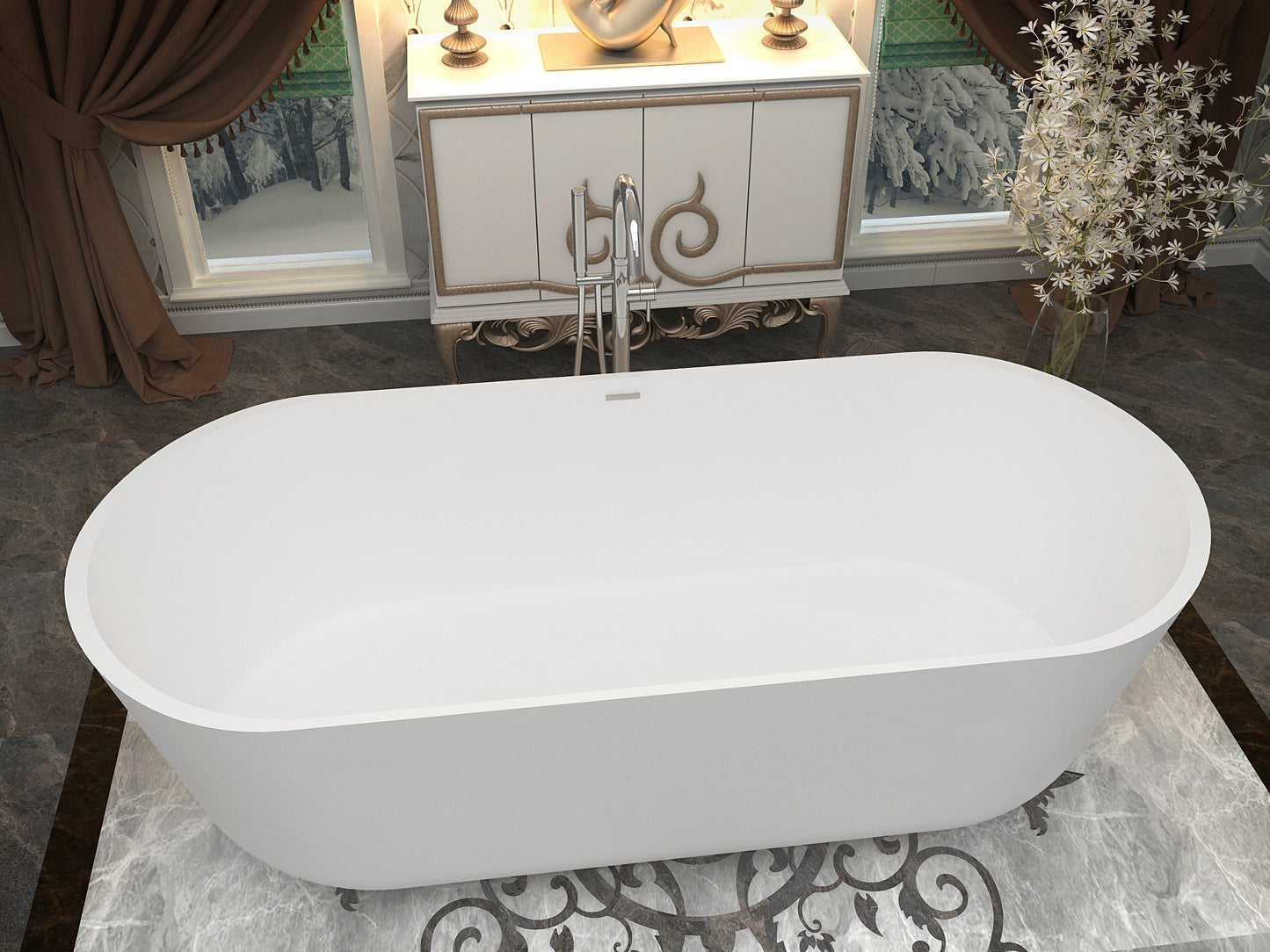 Sabbia 5.9 ft. Man-Made Stone Center Drain Freestanding Bathtub in Matte White - Luxe Bathroom Vanities Luxury Bathroom Fixtures Bathroom Furniture