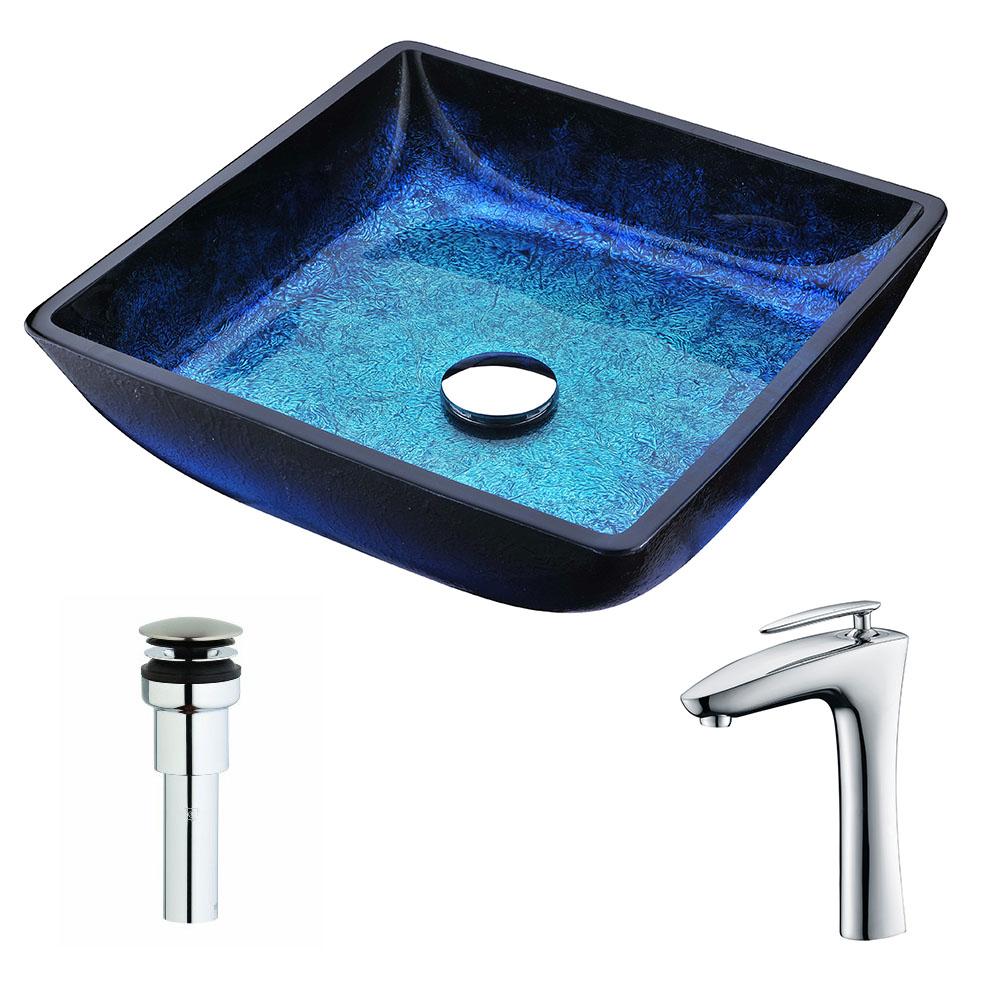 Viace Series Deco-Glass Vessel Sink in Blazing Blue with Crown Faucet in Chrome - Luxe Bathroom Vanities
