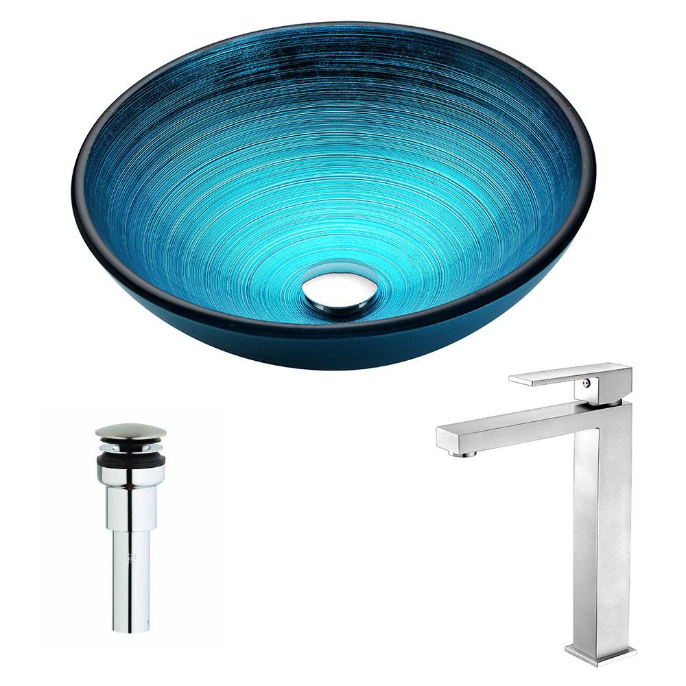 Enti Series Deco-Glass Vessel Sink in Lustrous Blue with Enti Faucet - Luxe Bathroom Vanities