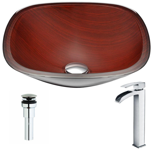 Cansa Series Deco-Glass Vessel Sink in Rich Timber with Key Faucet in Polished Chrome - Luxe Bathroom Vanities