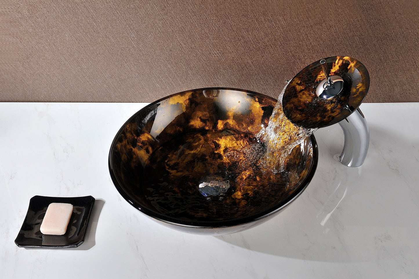 Timbre Series Deco-Glass Vessel Sink in Kindled Amber with Matching Chrome Waterfall Faucet - Luxe Bathroom Vanities