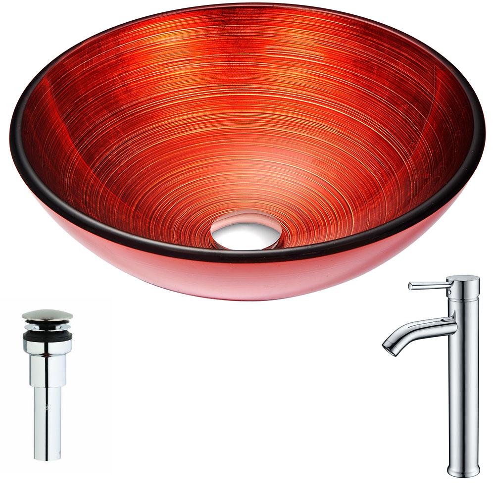 Echo Series Deco-Glass Vessel Sink in Lustrous Red with Fann Faucet in Chrome - Luxe Bathroom Vanities