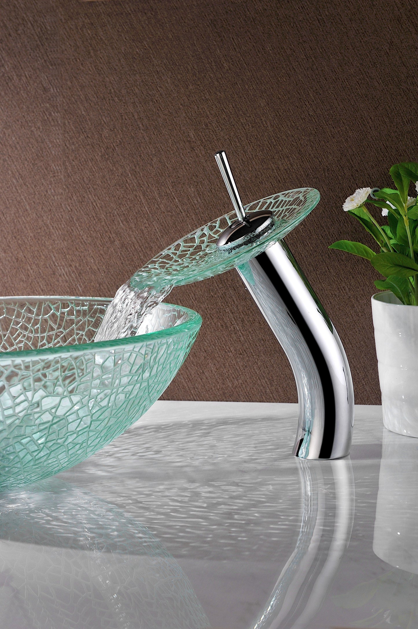 Choir Series Deco-Glass Vessel Sink in Crystal Clear Mosaic with Matching Chrome Waterfall Faucet - Luxe Bathroom Vanities