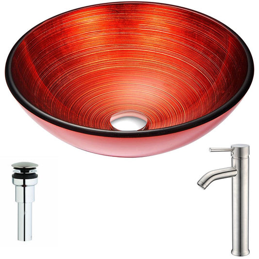 Echo Series Deco-Glass Vessel Sink in Lustrous Red with Fann Faucet in Brushed Nickel - Luxe Bathroom Vanities
