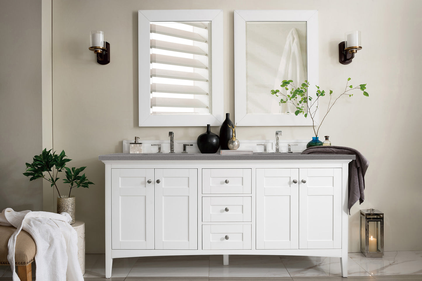 James Martin Palisades 72" Bright White Double Vanity with 3 CM Countertop - Luxe Bathroom Vanities