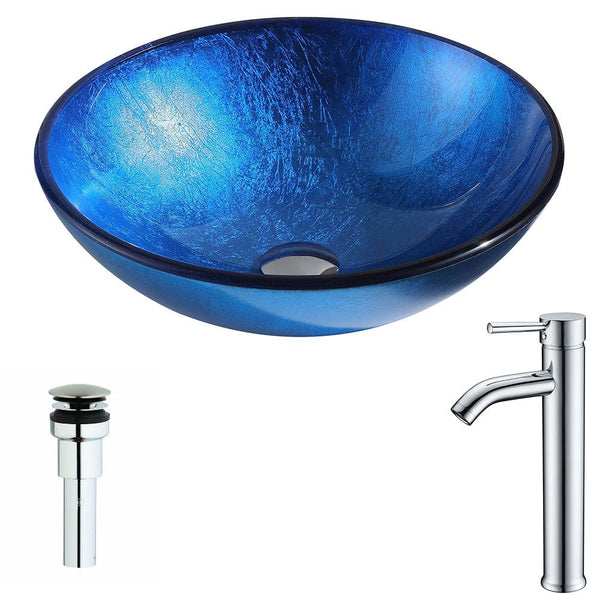 Clavier Series Deco-Glass Vessel Sink in Lustrous Blue with Fann Faucet in Chrome - Luxe Bathroom Vanities