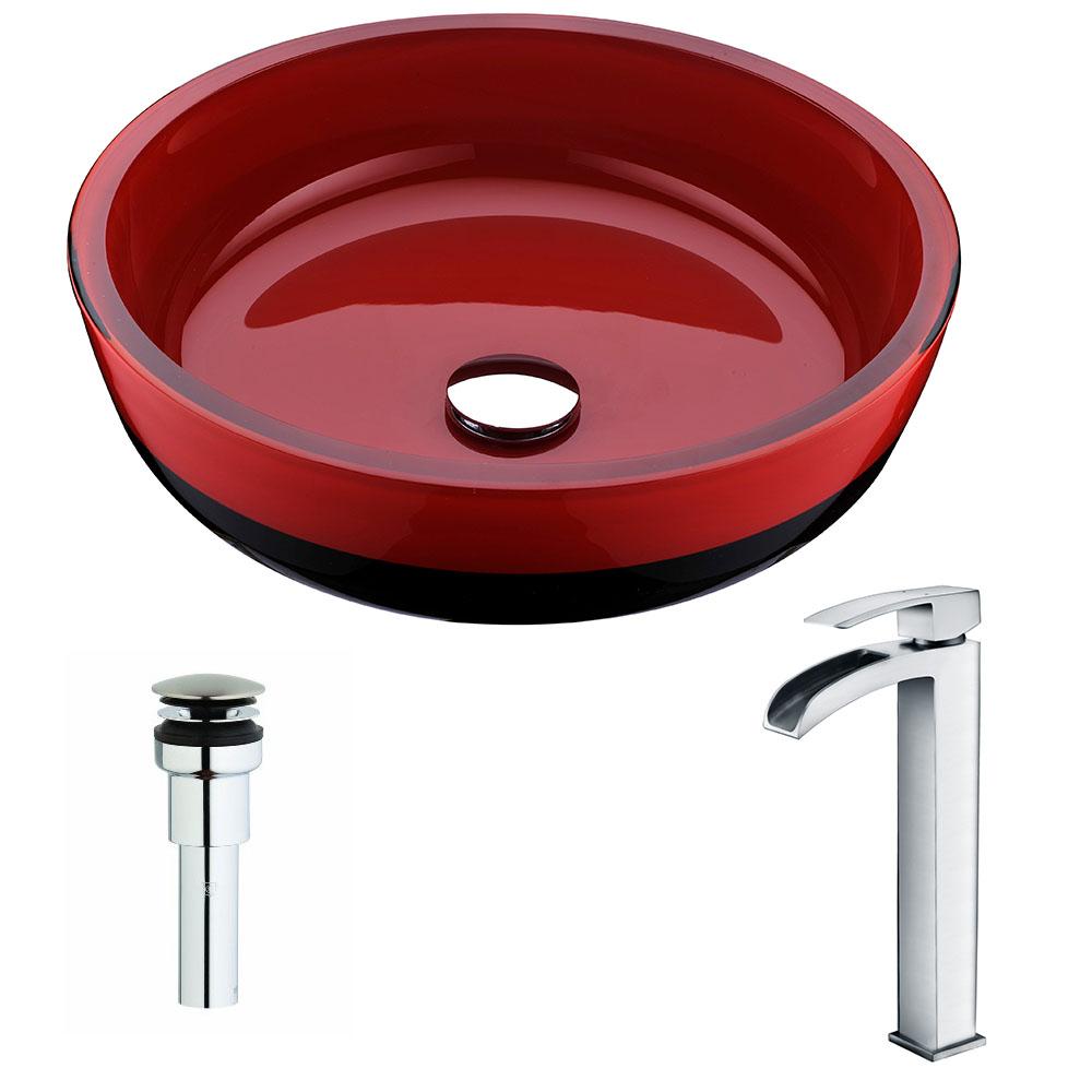 Schnell Series Deco-Glass Vessel Sink in Lustrous Red and Black with Key Faucet - Luxe Bathroom Vanities