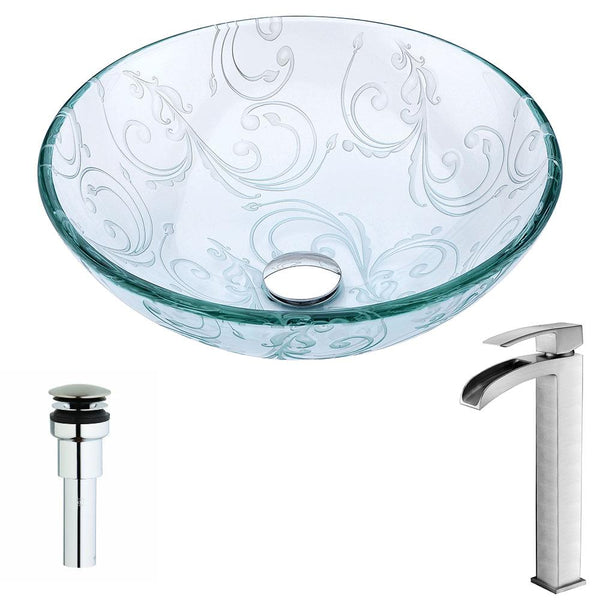 Vieno Series Deco-Glass Vessel Sink in Crystal Clear Floral with Key Faucet - Luxe Bathroom Vanities