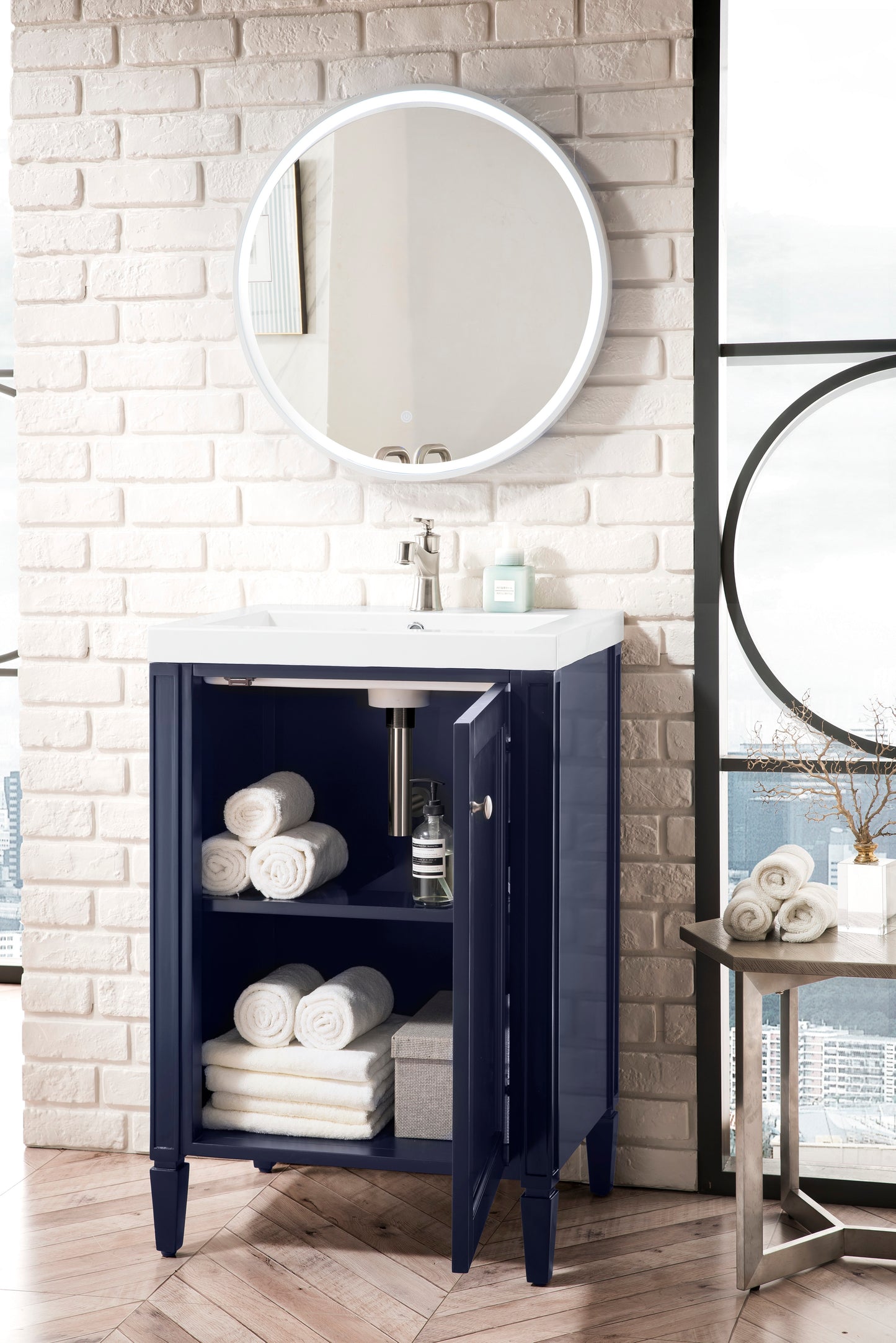 James Martin Britannia 24" Single Vanity Cabinet with White Glossy Composite Countertop - Luxe Bathroom Vanities