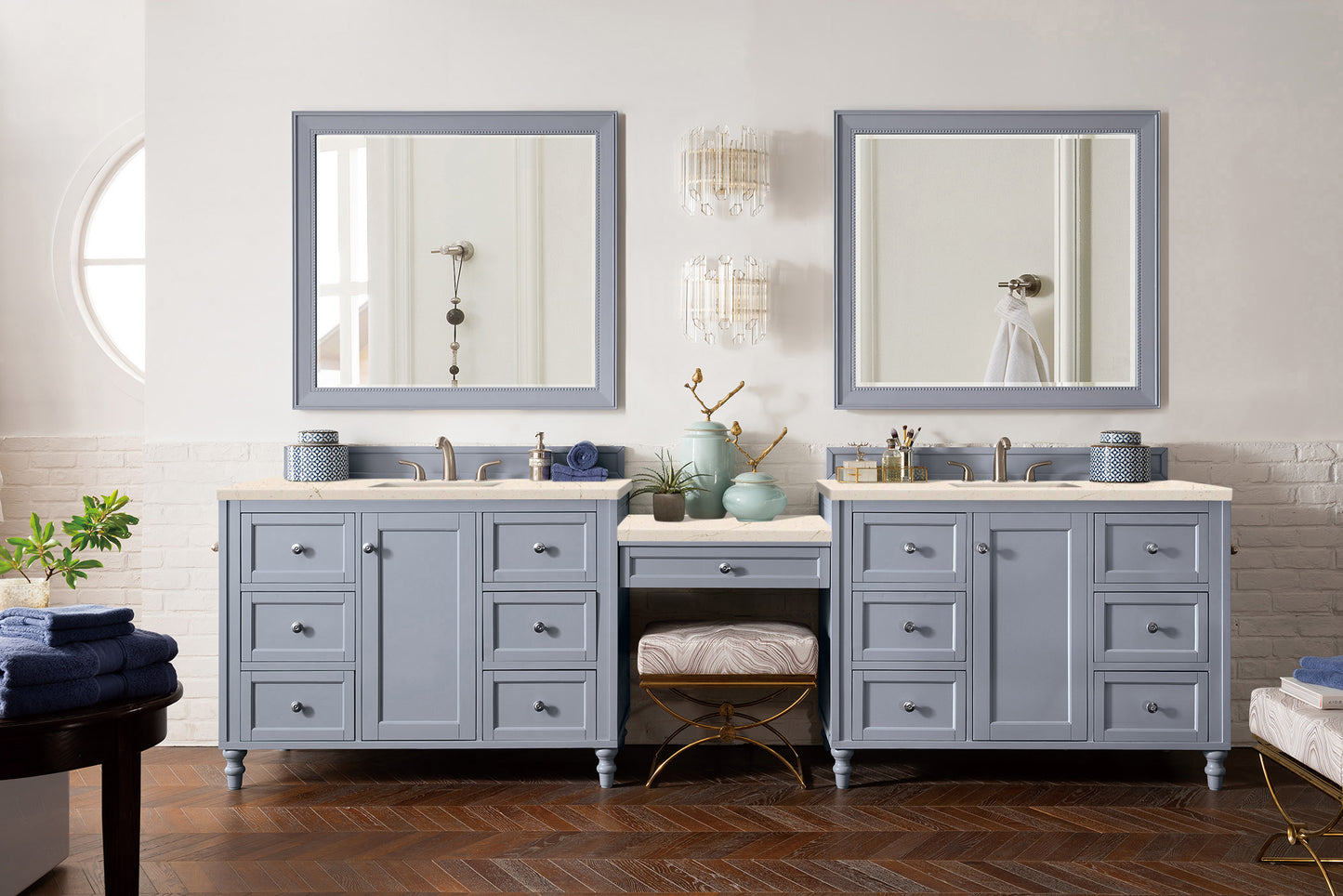 James Martin Copper Cove Encore 122" Double Vanity Set with Makeup Table and 3 CM Countertop - Luxe Bathroom Vanities