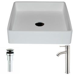 Passage Series 1-Piece Man Made Stone Vessel Sink in Matte White with Fann Faucet in Brushed Nickel - Luxe Bathroom Vanities