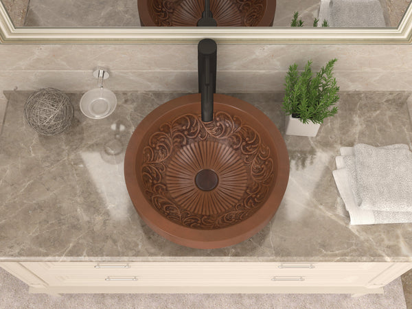 Admiral 20 in. Handmade Vessel Sink in Polished Antique Copper with Floral Design Interior - Luxe Bathroom Vanities