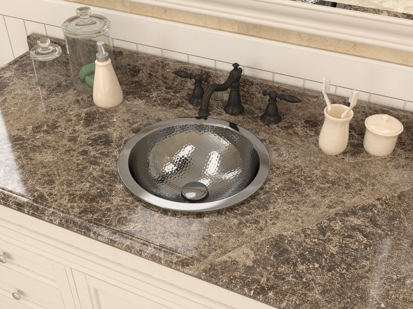 Celestial 14 in. Handmade Drop-in Oval Bathroom Sink with Overflow in Hammered Nickel - Luxe Bathroom Vanities