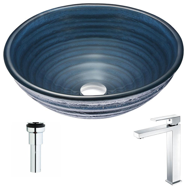 Tempo Series Deco-Glass Vessel Sink in Coiled Blue with Enti Faucet - Luxe Bathroom Vanities