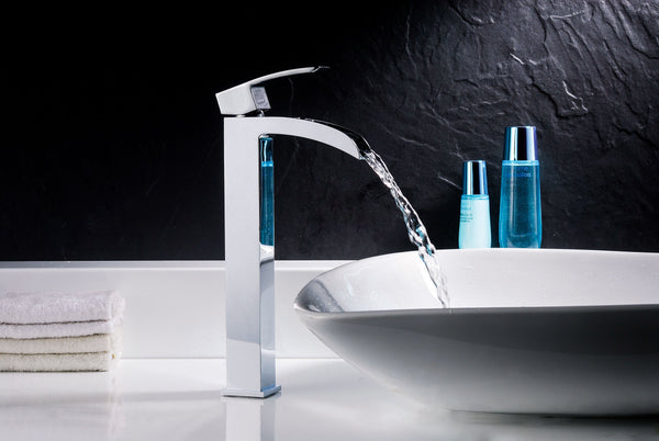 Viace Series Deco-Glass Vessel Sink in Blazing Blue with Key Faucet - Luxe Bathroom Vanities