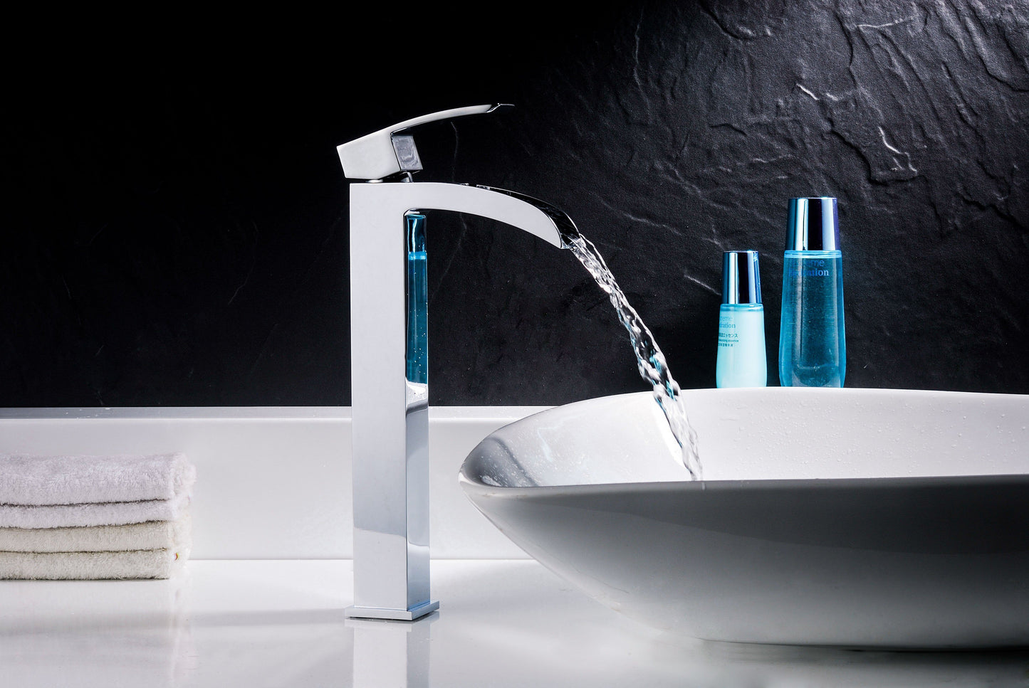 Voce Series Deco-Glass Vessel Sink in Lustrous Blue with Key Faucet - Luxe Bathroom Vanities