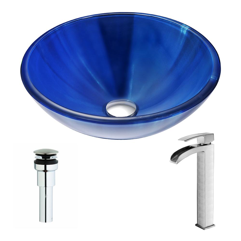 Meno Series Deco-Glass Vessel Sink in Lustrous Blue with Key Faucet - Luxe Bathroom Vanities