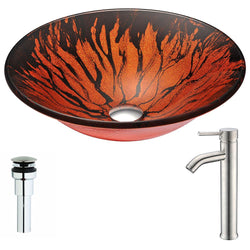 Forte Series Deco-Glass Vessel Sink in Lustrous Red and Black with Fann Faucet in Brushed Nickel - Luxe Bathroom Vanities