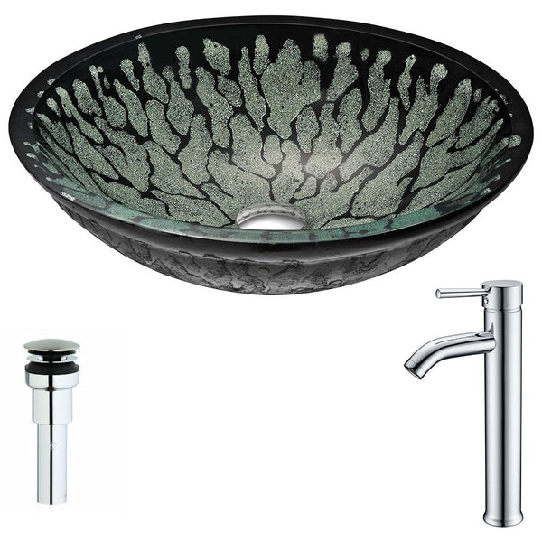 Bravo Series Deco-Glass Vessel Sink in Lustrous Black with Fann Faucet in Polished Chrome - Luxe Bathroom Vanities