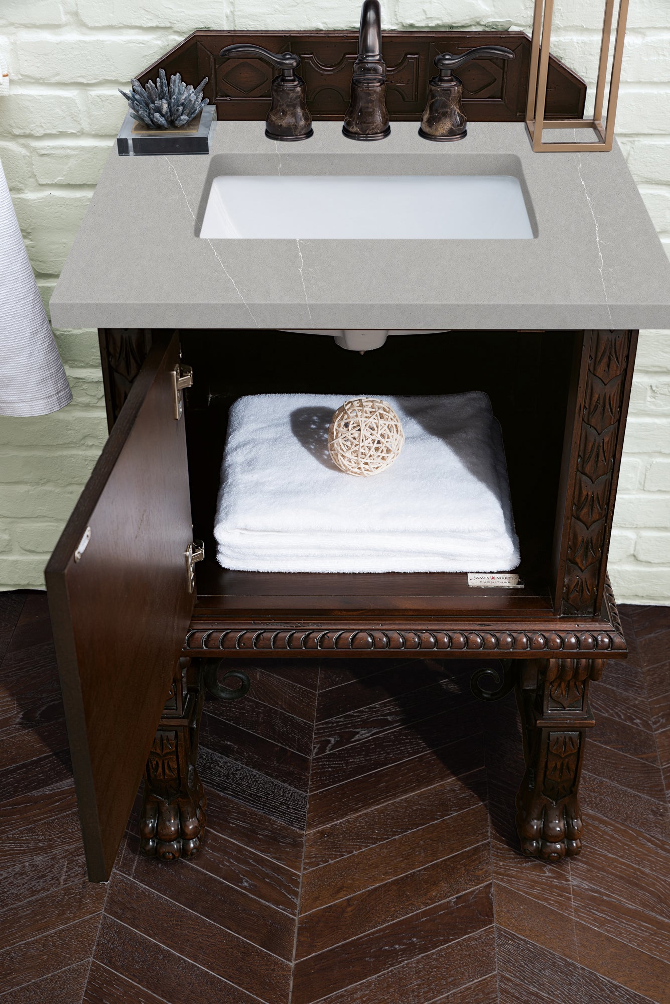 James Martin Balmoral 26" Single Vanity Antique Walnut Cabinet with 3 CM Countertop - Luxe Bathroom Vanities