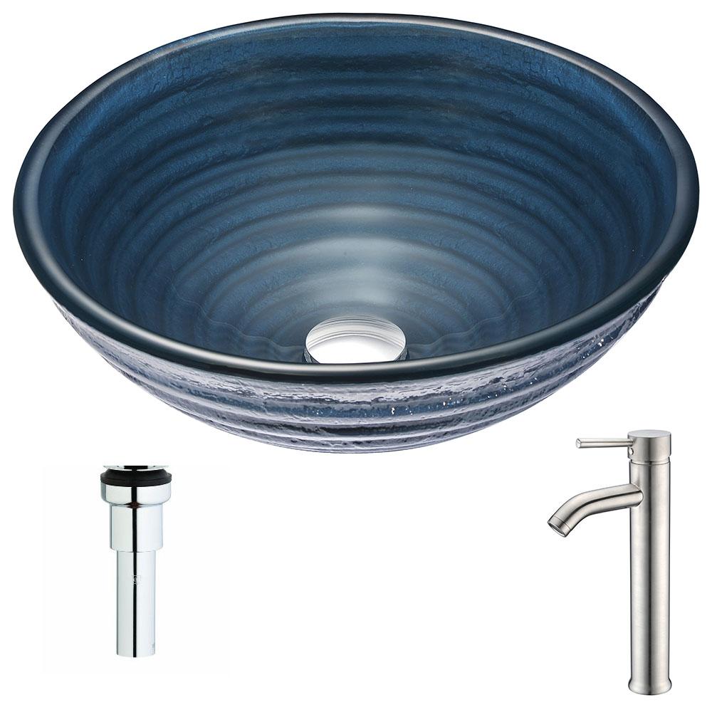 Tempo Series Deco-Glass Vessel Sink in Coiled Blue with Fann Faucet in Brushed Nickel - Luxe Bathroom Vanities