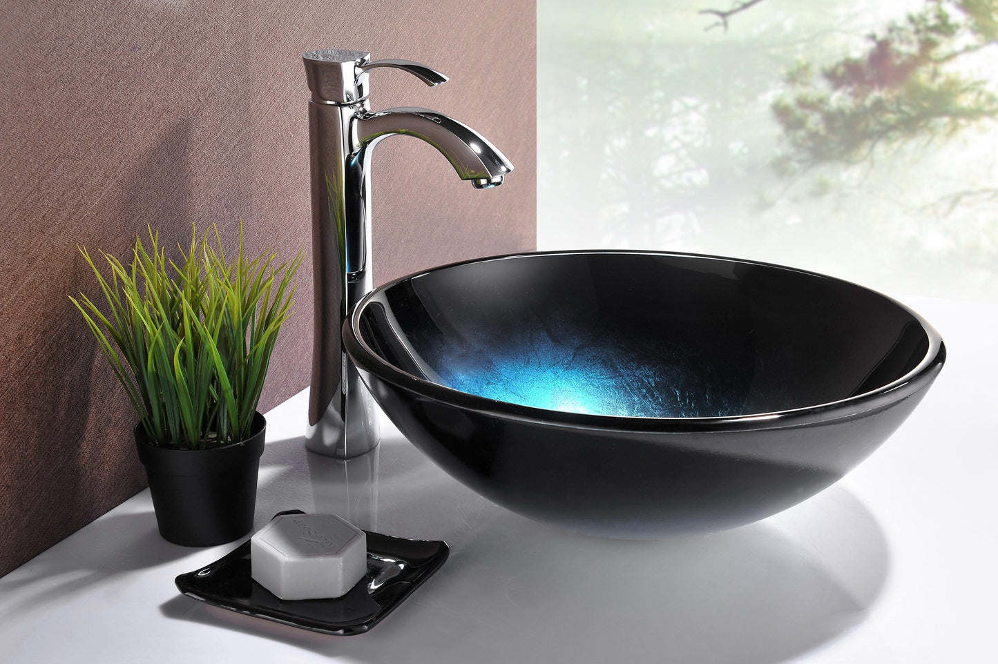 Stellar Series Deco-Glass Vessel Sink in Deep Sea - Luxe Bathroom Vanities