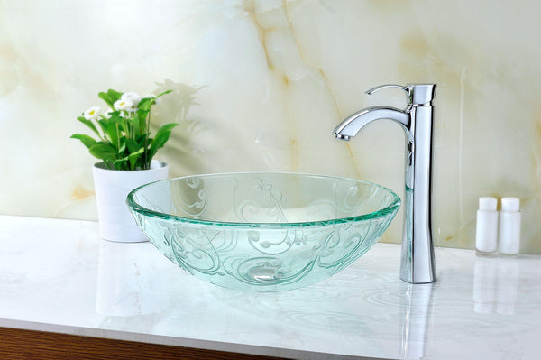 Vieno Series Vessel Sink with Pop-Up Drain in Crystal Clear Floral - Luxe Bathroom Vanities