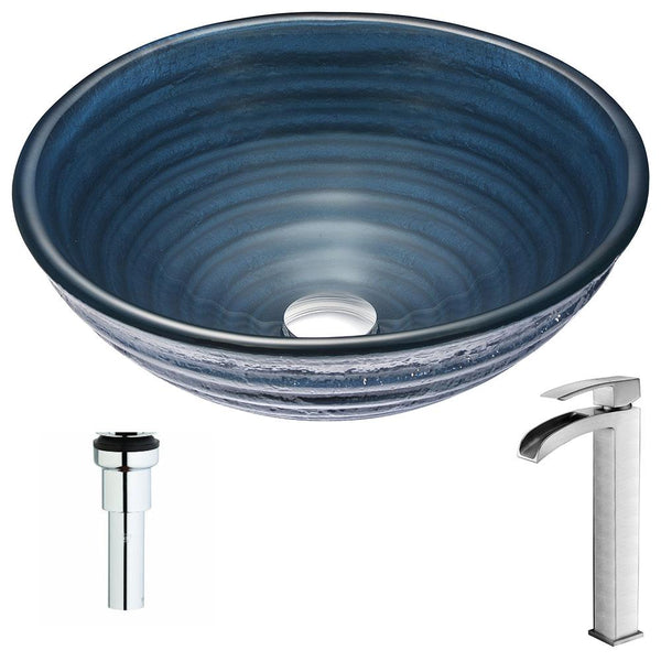 Tempo Series Deco-Glass Vessel Sink in Coiled Blue with Key Faucet - Luxe Bathroom Vanities