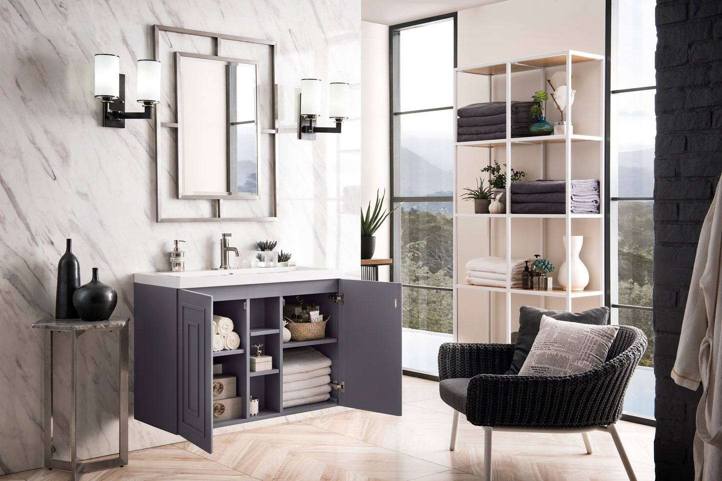 James Martin Alicante 39.5" Single Vanity Cabinet with White Glossy Composite Countertop - Luxe Bathroom Vanities