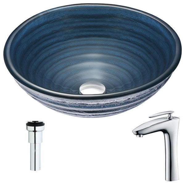 Tempo Series Deco-Glass Vessel Sink in Coiled Blue with Crown Faucet in Polished Chrome - Luxe Bathroom Vanities